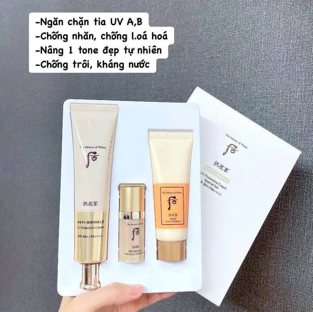 Set Kem Chống Nắng Chống Nhăn Whoo Anti-Wrinkle (75ml+40ml+8ml) Ko Tđ