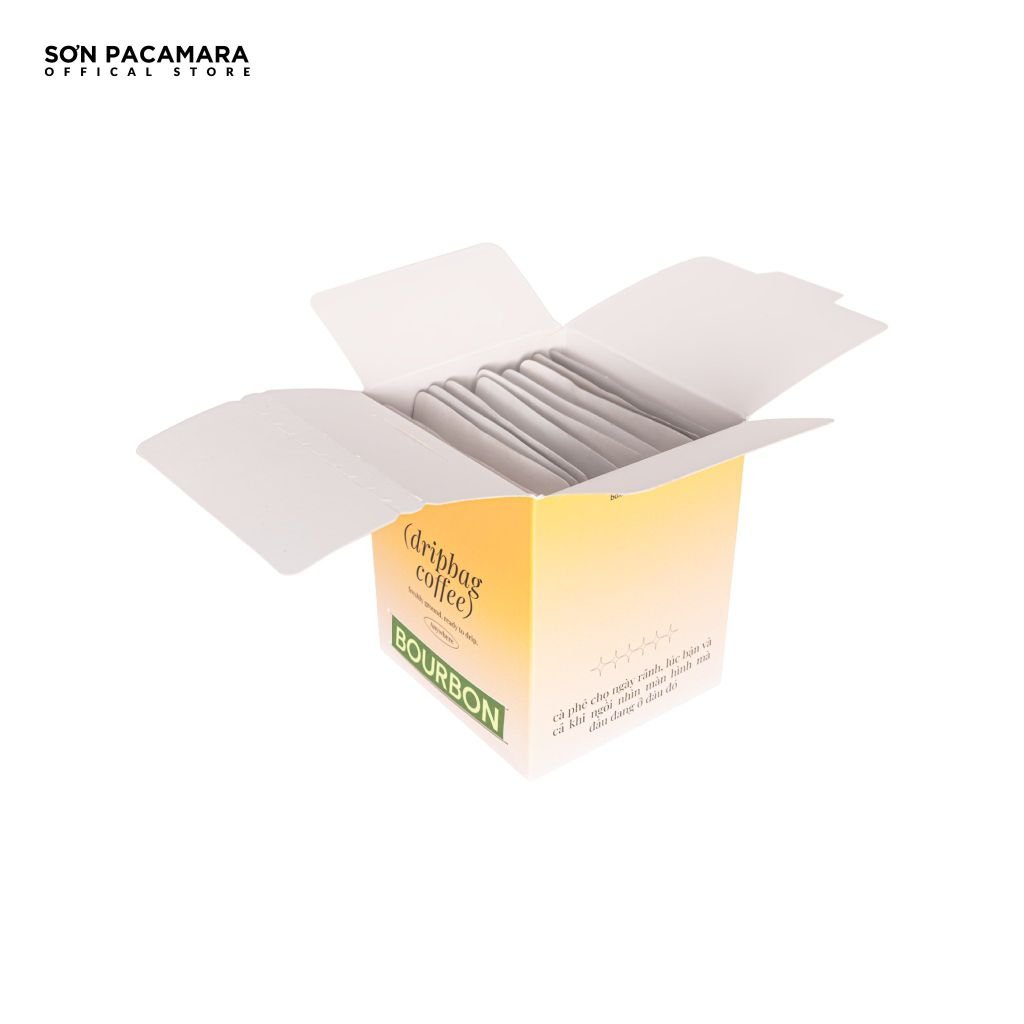 Cà Phê Phin Giấy Sơn Pacamara Gói Bourbon, Xay Mới, 100% Arabica, Vị Chua Sáng, Túi 14gr / Hộp 10 Túi