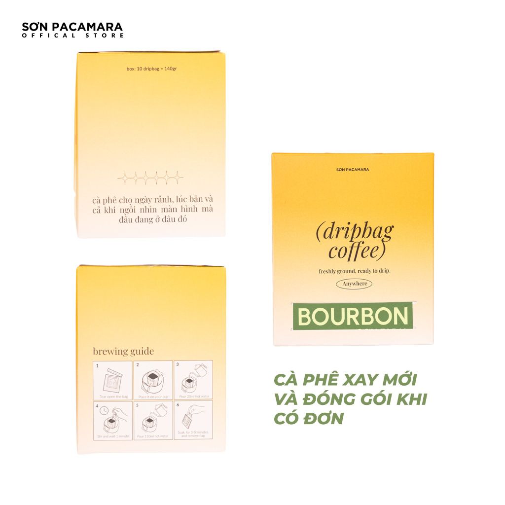 Cà Phê Phin Giấy Sơn Pacamara Gói Bourbon, Xay Mới, 100% Arabica, Vị Chua Sáng, Túi 14gr / Hộp 10 Túi