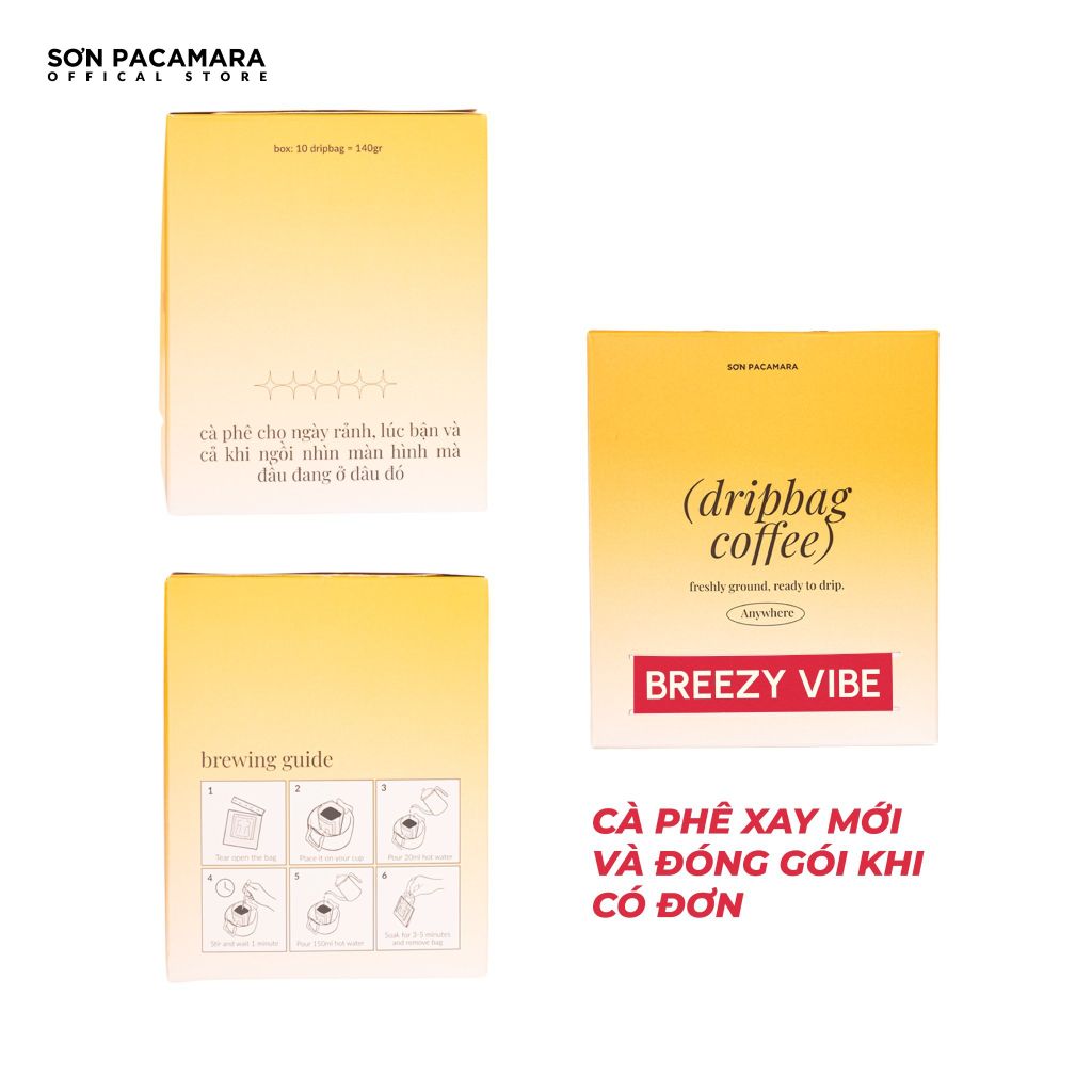 Cà Phê Phin Giấy Sơn Pacamara Gói Breezy Vibe, Xay Mới, 100% Arabica, Hương Trái Cây, Vị Nhẹ, Túi 14gr / Hộp 10 Túi