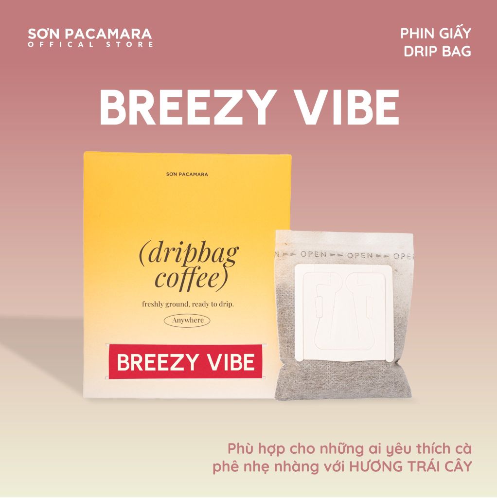 Cà Phê Phin Giấy Sơn Pacamara Gói Breezy Vibe, Xay Mới, 100% Arabica, Hương Trái Cây, Vị Nhẹ, Túi 14gr / Hộp 10 Túi