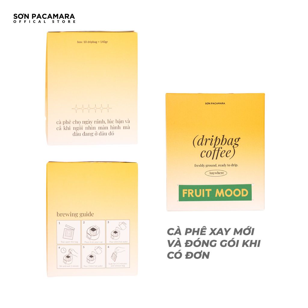 Cà Phê Phin Giấy Sơn Pacamara Gói Fruit Mood, Xay Mới, 100% Arabica, Hương Trái Cây, Vị Đầm, Túi 14gr / Hộp 10 Túi