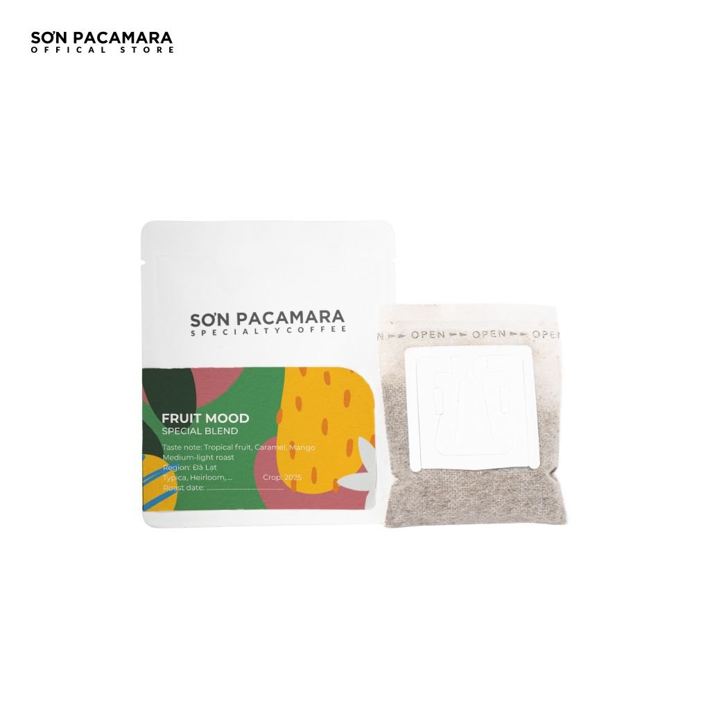 Cà Phê Phin Giấy Sơn Pacamara Gói Fruit Mood, Xay Mới, 100% Arabica, Hương Trái Cây, Vị Đầm, Túi 14gr / Hộp 10 Túi