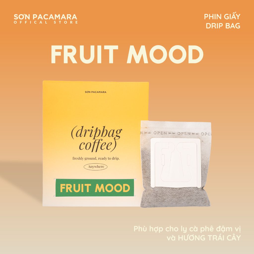 Cà Phê Phin Giấy Sơn Pacamara Gói Fruit Mood, Xay Mới, 100% Arabica, Hương Trái Cây, Vị Đầm, Túi 14gr / Hộp 10 Túi