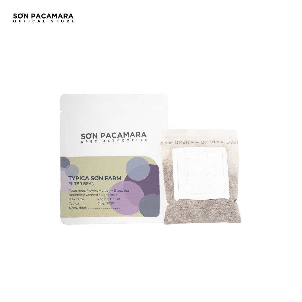Cà Phê Phin Giấy Sơn Pacamara Gói Typica, Xay Mới, 100% Arabica, Vị Dày, Túi 14gr / Hộp 10 Túi
