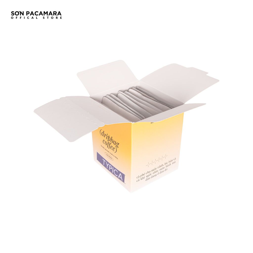 Cà Phê Phin Giấy Sơn Pacamara Gói Typica, Xay Mới, 100% Arabica, Vị Dày, Túi 14gr / Hộp 10 Túi