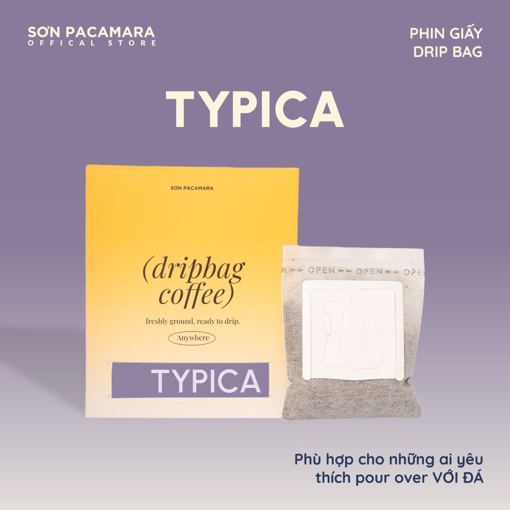 Cà Phê Phin Giấy Sơn Pacamara Gói Typica, Xay Mới, 100% Arabica, Vị Dày, Túi 14gr / Hộp 10 Túi