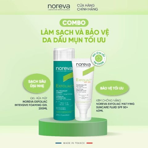  Combo 2 sản phẩm rửa mặt Noreva Exfoliac Intensive Foaming Gel và chống nắng Noreva Exfoliac Suncare Fluil SPF 50+ 40ML 