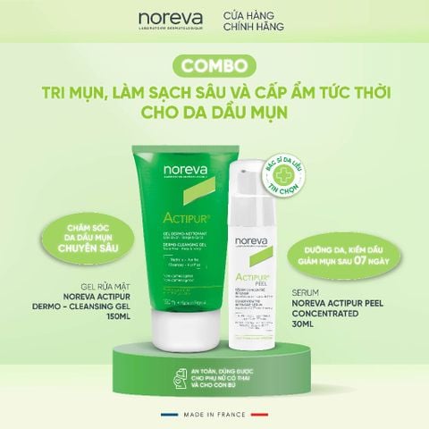  COMBO 2 bước chăm sóc da dầu mụn Noreva Actipur Dermo Cleansing Gel 150ml và serum Noreva Actipur Peel 30ml 