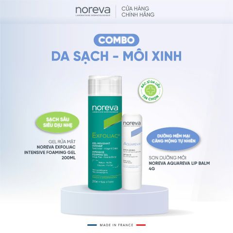  Combo Noreva Gel rửa mặt dành cho da dầu mụn Exfoliac 200ml và Son dưỡng 4g mềm môi Aquareva 