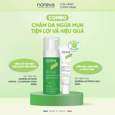  Combo 2 sản phẩm rửa mặt Noreva Actipur Dermo - Cleansing Foam 150ml và kem bôi mụn Noreva Actipur 3 En 1 30ml 