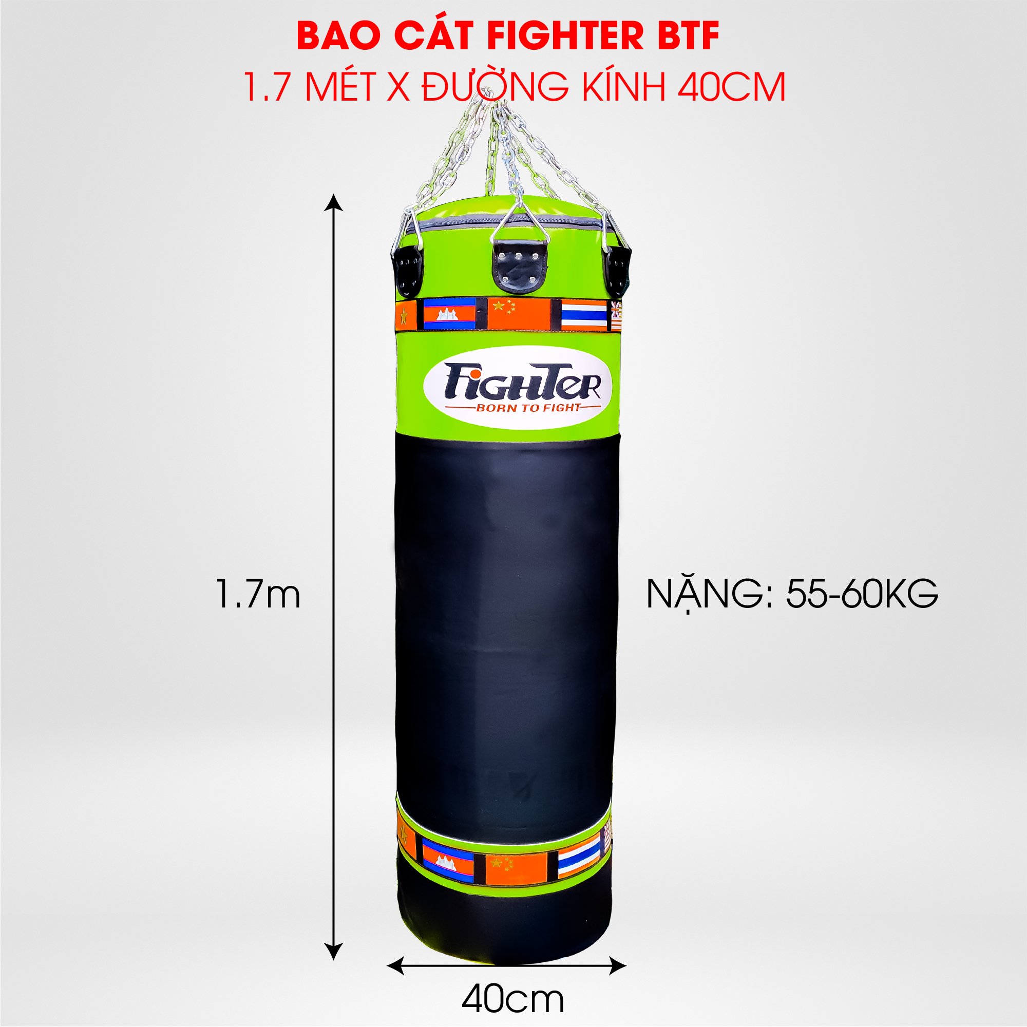 Bao Cát Fighter BTF Cao Cấp 1.7 mét x đường kính 40cm, nặng 55-60kg