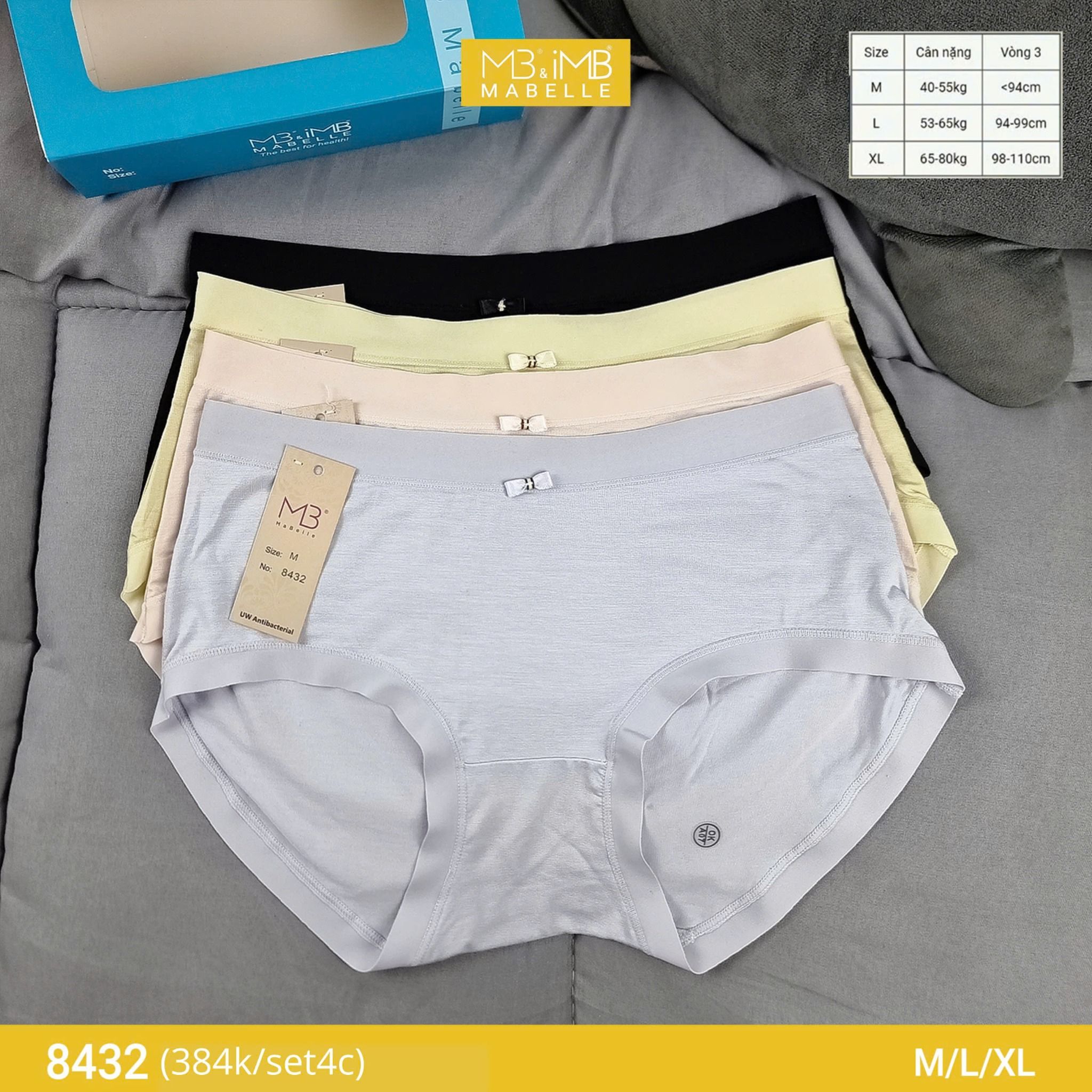 Quần lót nữ MB 8432 cotton tơ kháng khuẩn, chống vàng ố, chống xơ cứng đáy, hạn chế viêm nhiễm