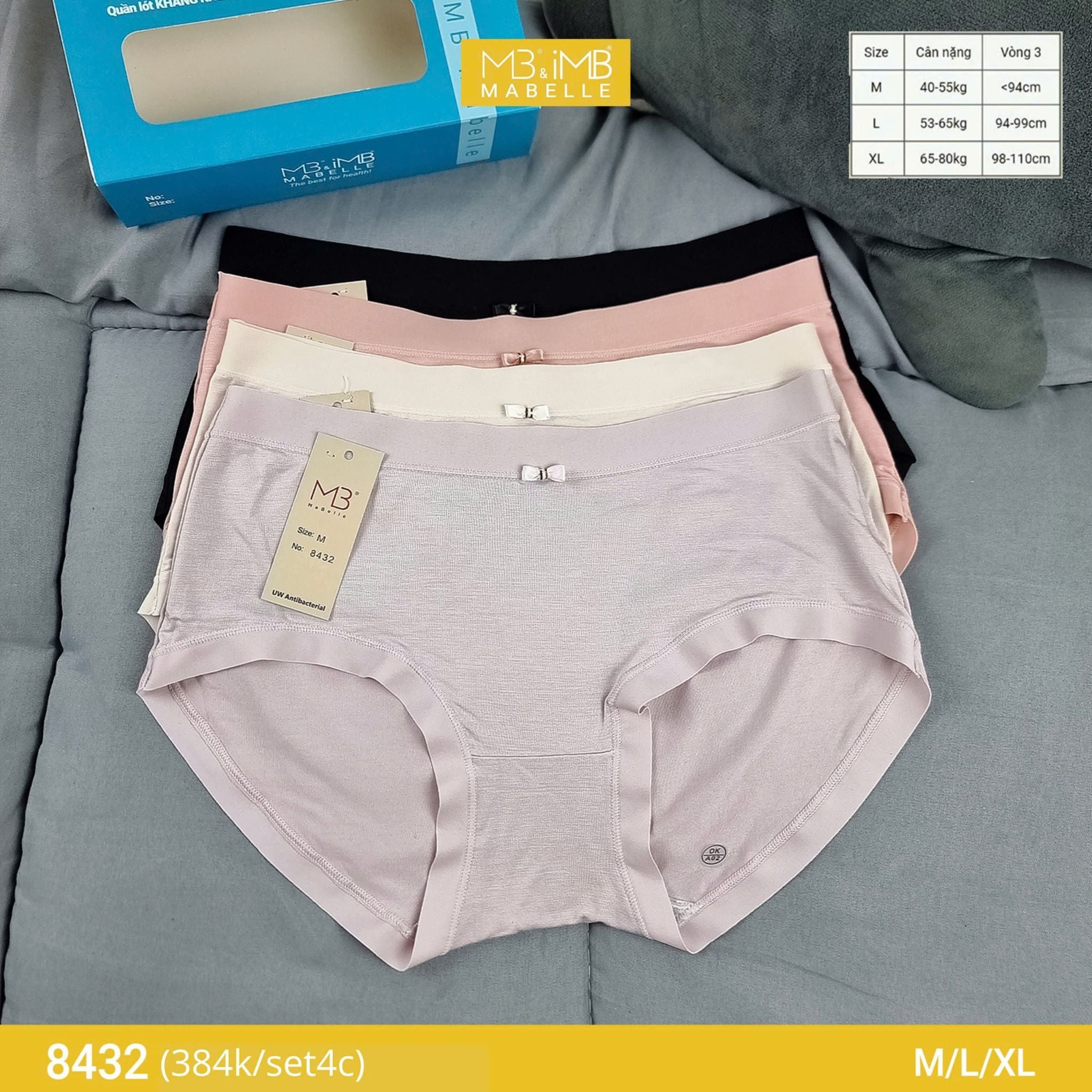 Quần lót nữ MB 8432 cotton tơ kháng khuẩn, chống vàng ố, chống xơ cứng đáy, hạn chế viêm nhiễm