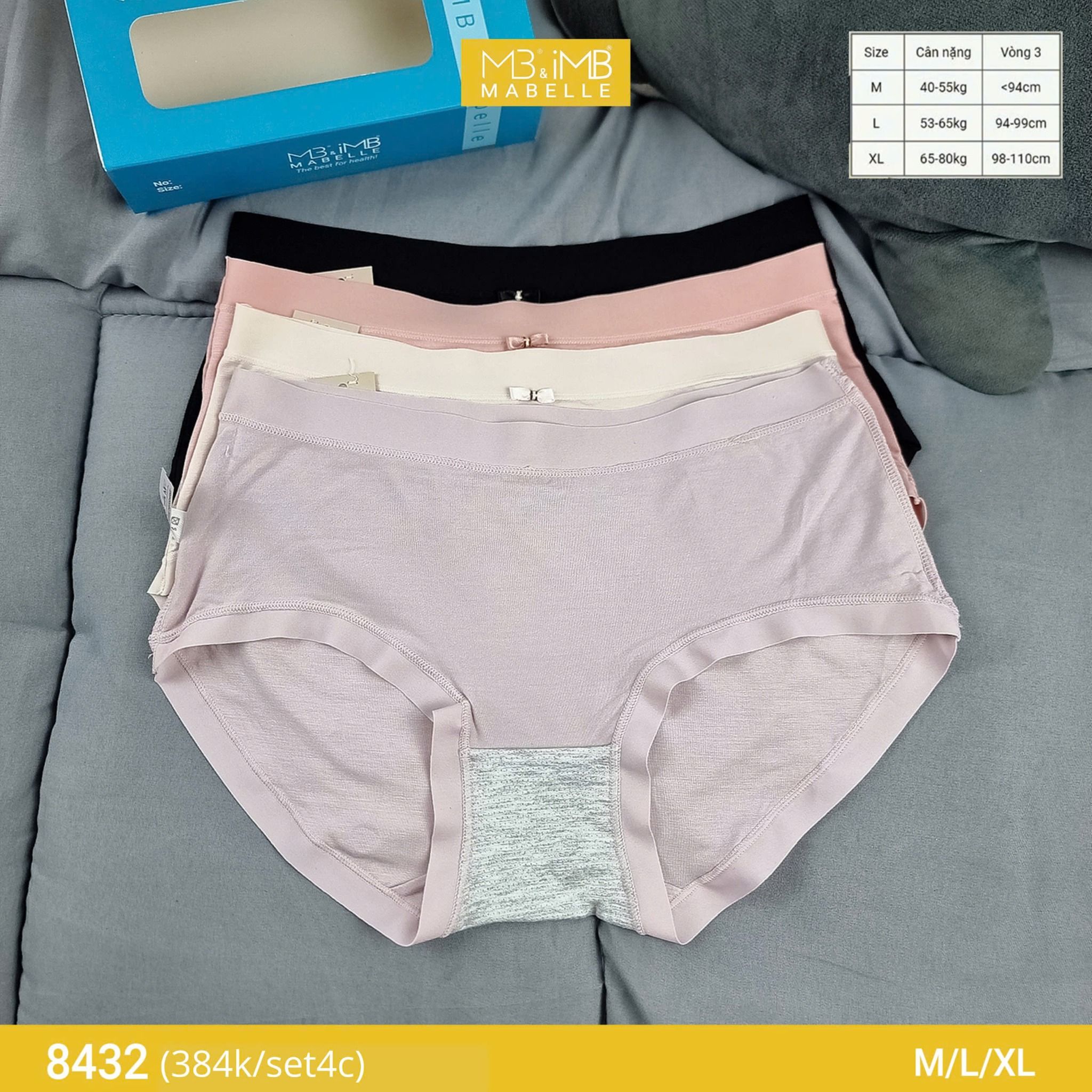 Quần lót nữ MB 8432 cotton tơ kháng khuẩn, chống vàng ố, chống xơ cứng đáy, hạn chế viêm nhiễm
