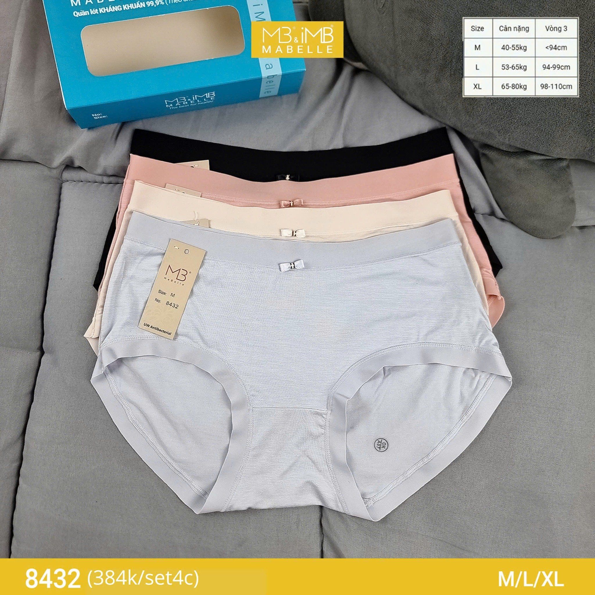 Quần lót nữ MB 8432 cotton tơ kháng khuẩn, chống vàng ố, chống xơ cứng đáy, hạn chế viêm nhiễm