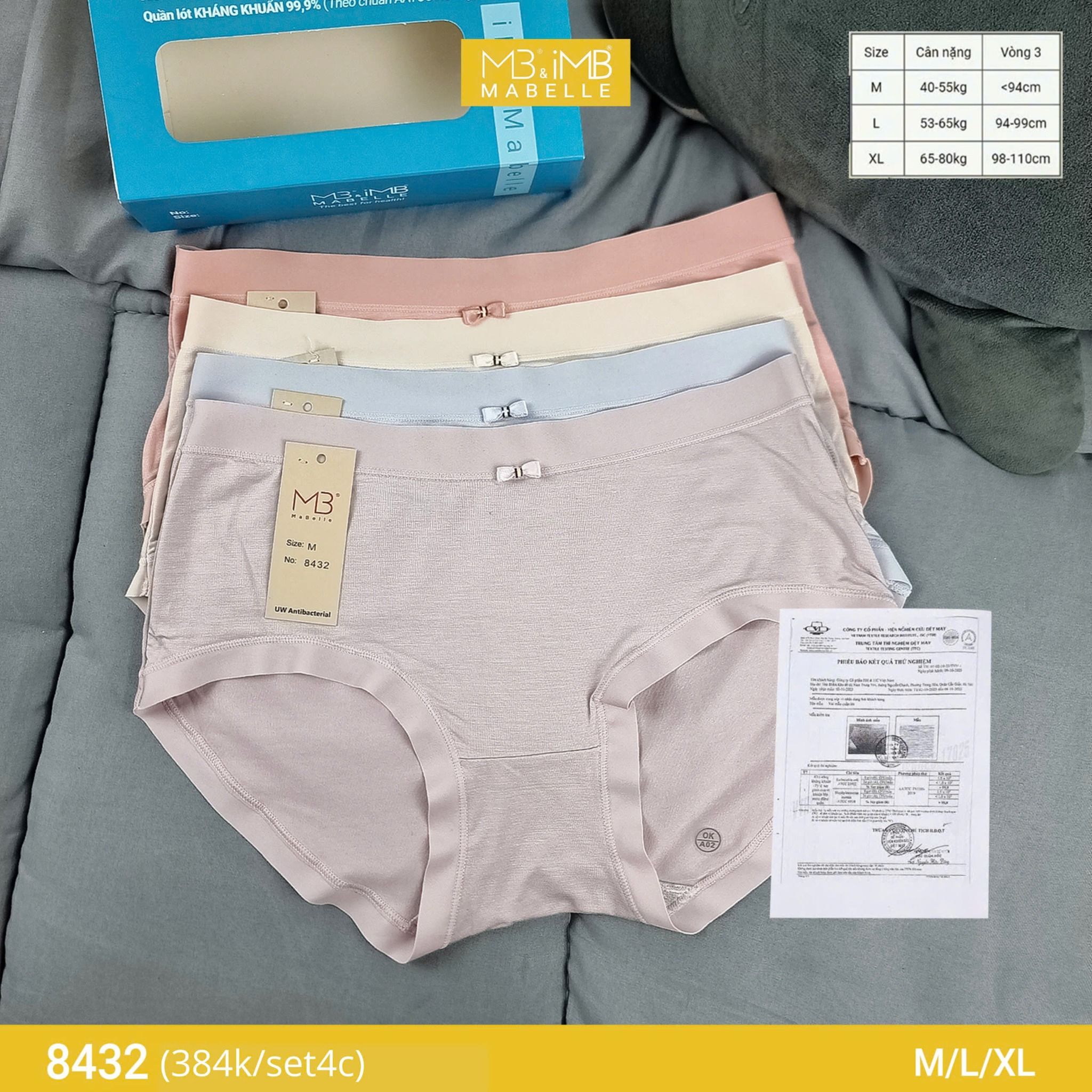 Quần lót nữ MB 8432 cotton tơ kháng khuẩn, chống vàng ố, chống xơ cứng đáy, hạn chế viêm nhiễm