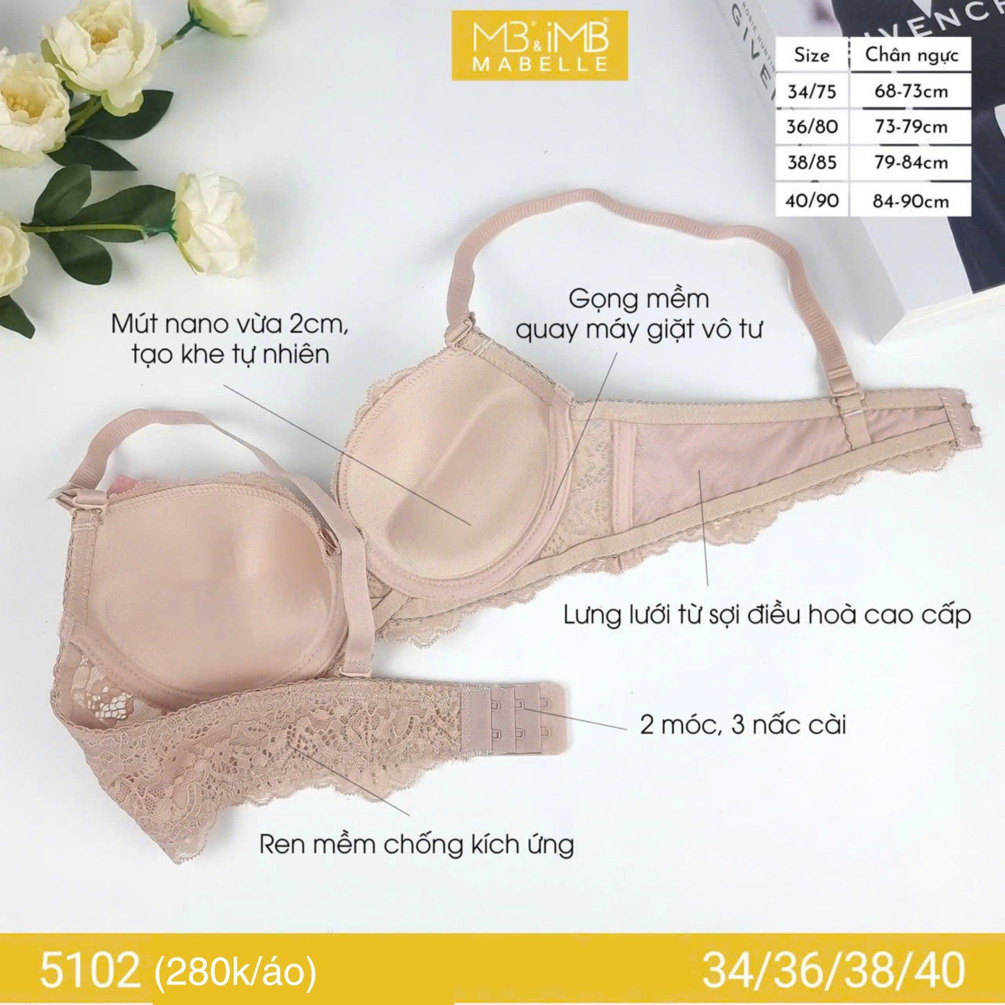 Áo ngực có gọng mềm mút vừa 5102 ren quả