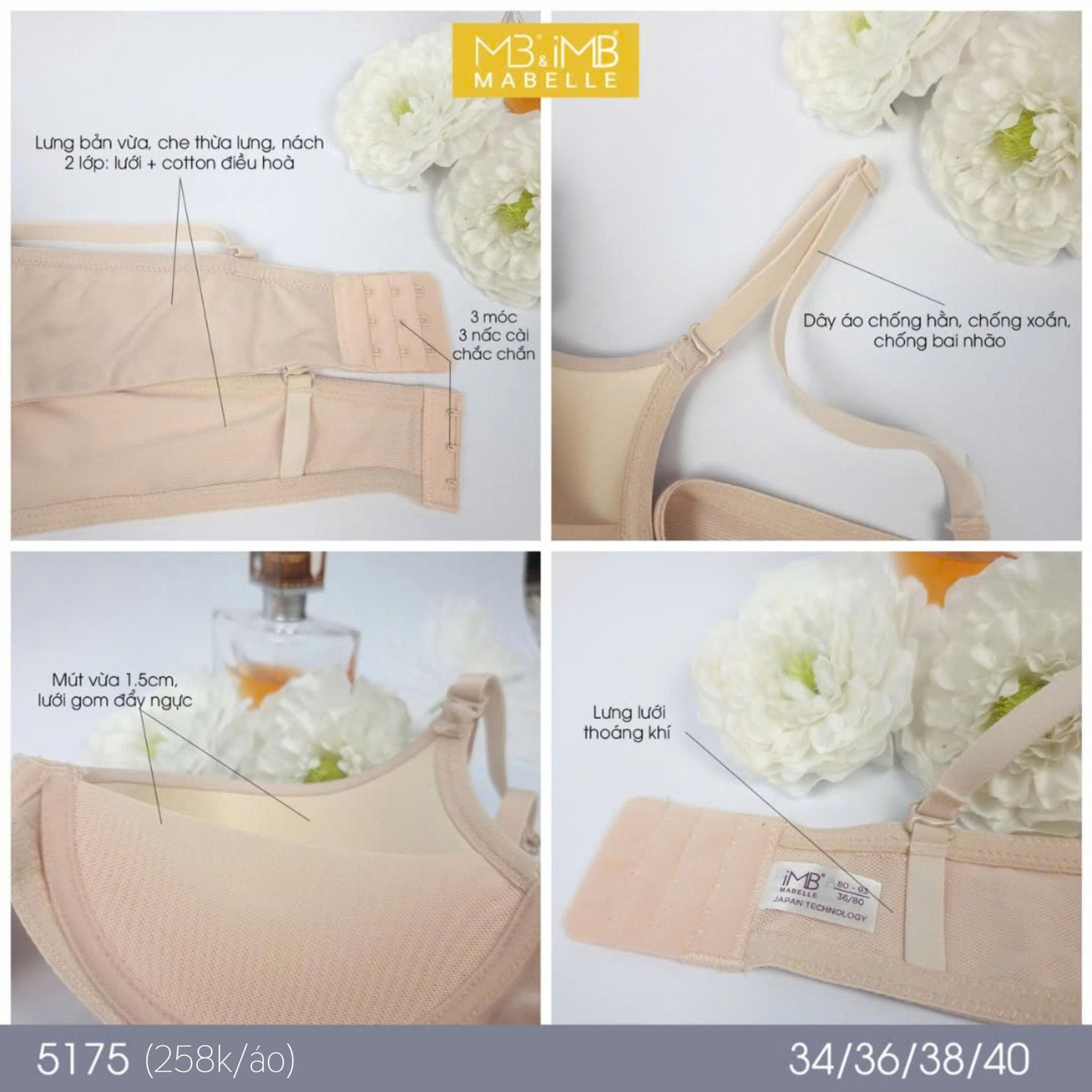 Áo ngực không gọng mút mỏng 5175 3 móc