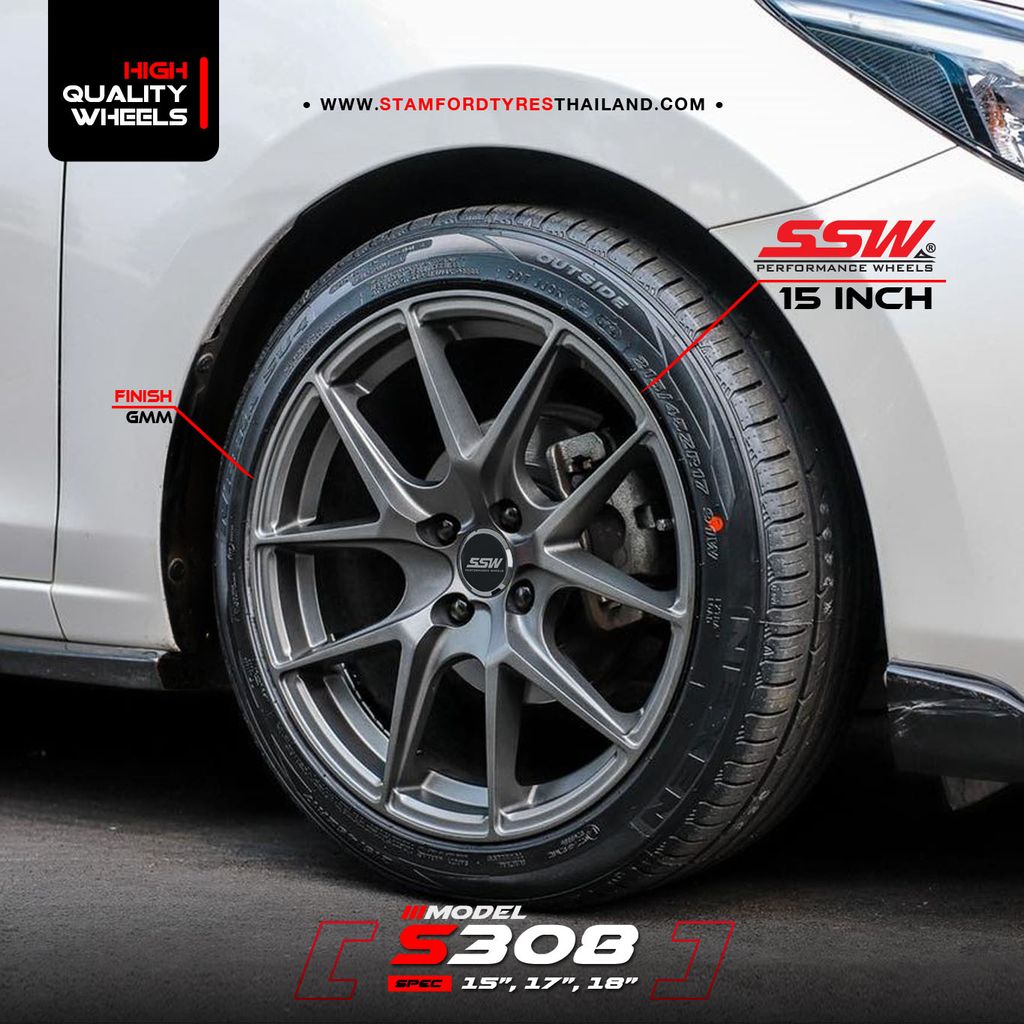 Mâm xe SSW S308 15 inch 4x100 dành cho các dòng xe Kia, Hyundai, Toyota, Mazda