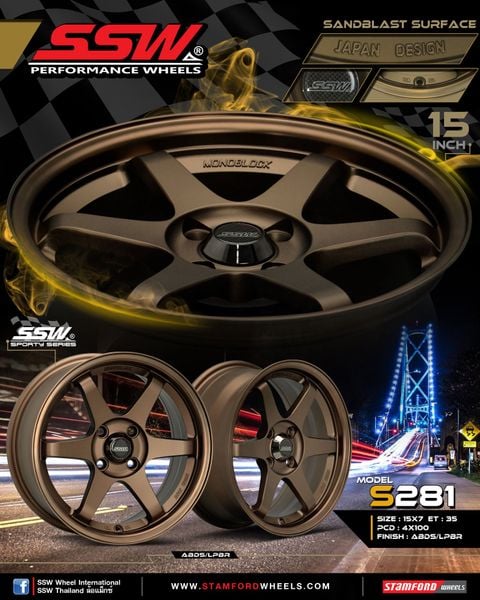 Mâm xe SSW S281 16 inch 4x100 dành cho các dòng xe Toyota, Mazda, Honda, Hyundai, Kia