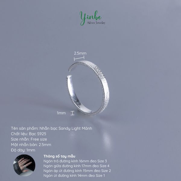  Nhẫn Bạc S925 Sandy Light Bản Mảnh Nữ Yinbe Silver 