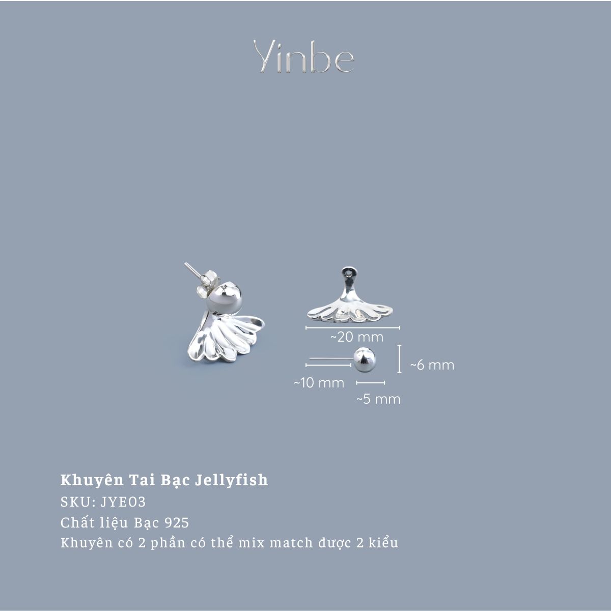  Khuyên Tai Bạc Nữ Jellyfish Yinbe Silver JYE03 