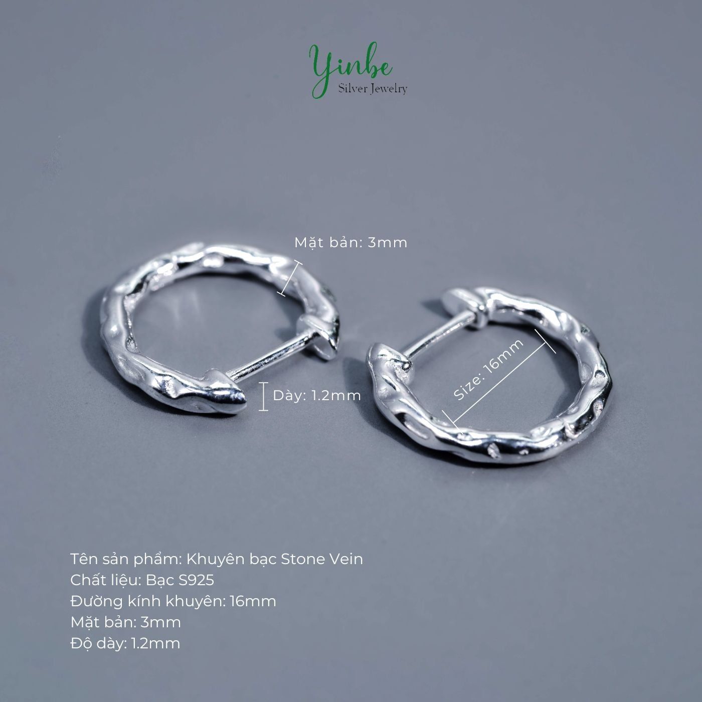  Khuyên Bạc S925 Stone Vein Yinbe Silver 