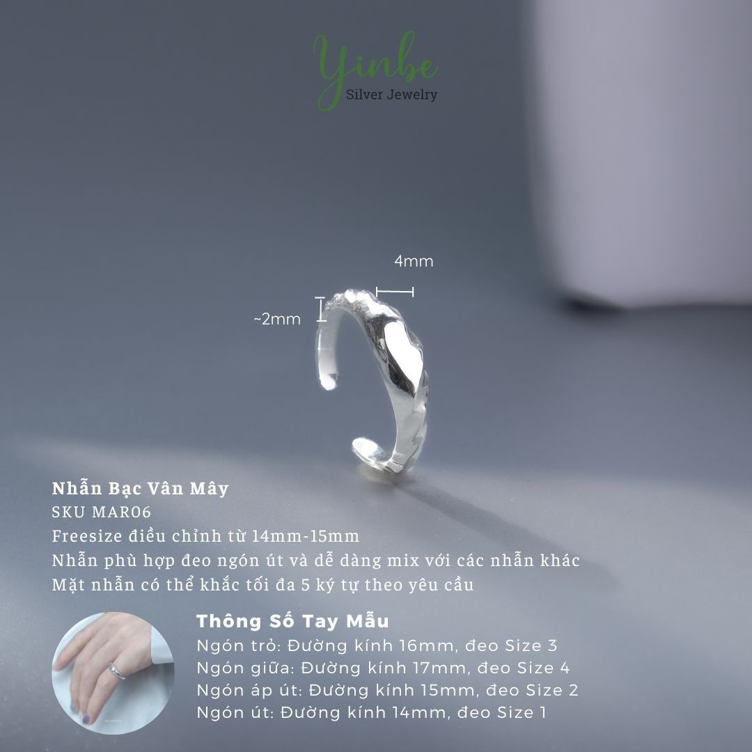  Nhẫn Nữ Bạc 950 Vân Mây Yinbe Silver 