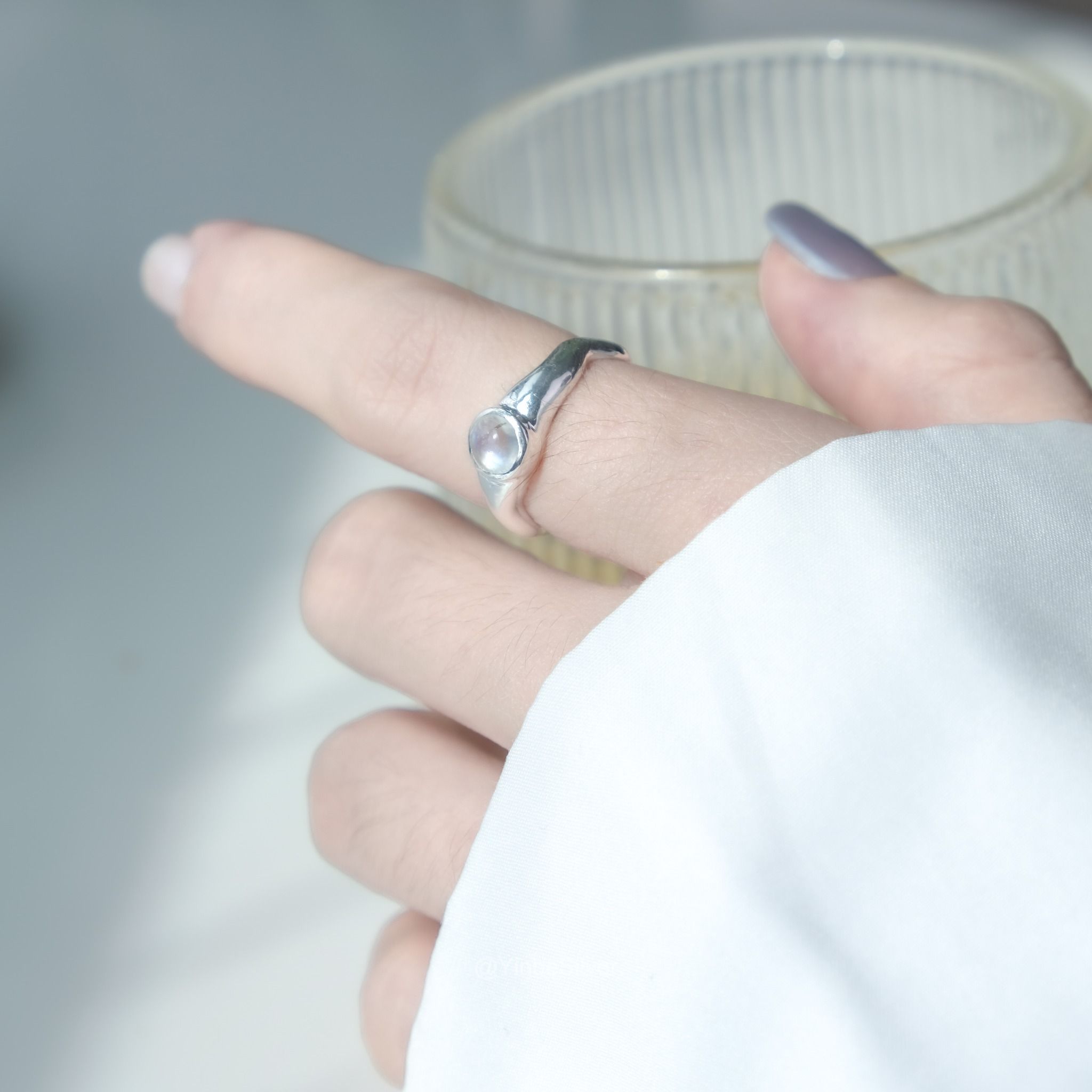  Nhẫn Nữ Bạc 950 Vân Thạch Yinbe Silver Mặt Đá Moonstone 