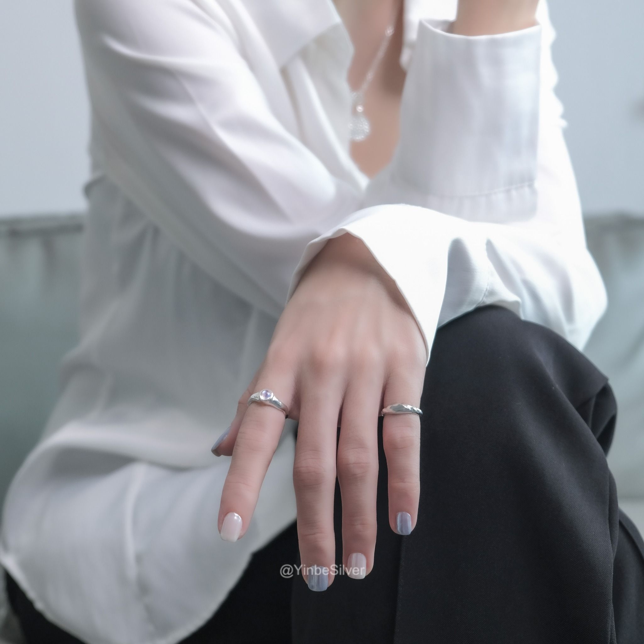  Nhẫn Nữ Bạc 950 Vân Thạch Yinbe Silver Mặt Đá Moonstone 