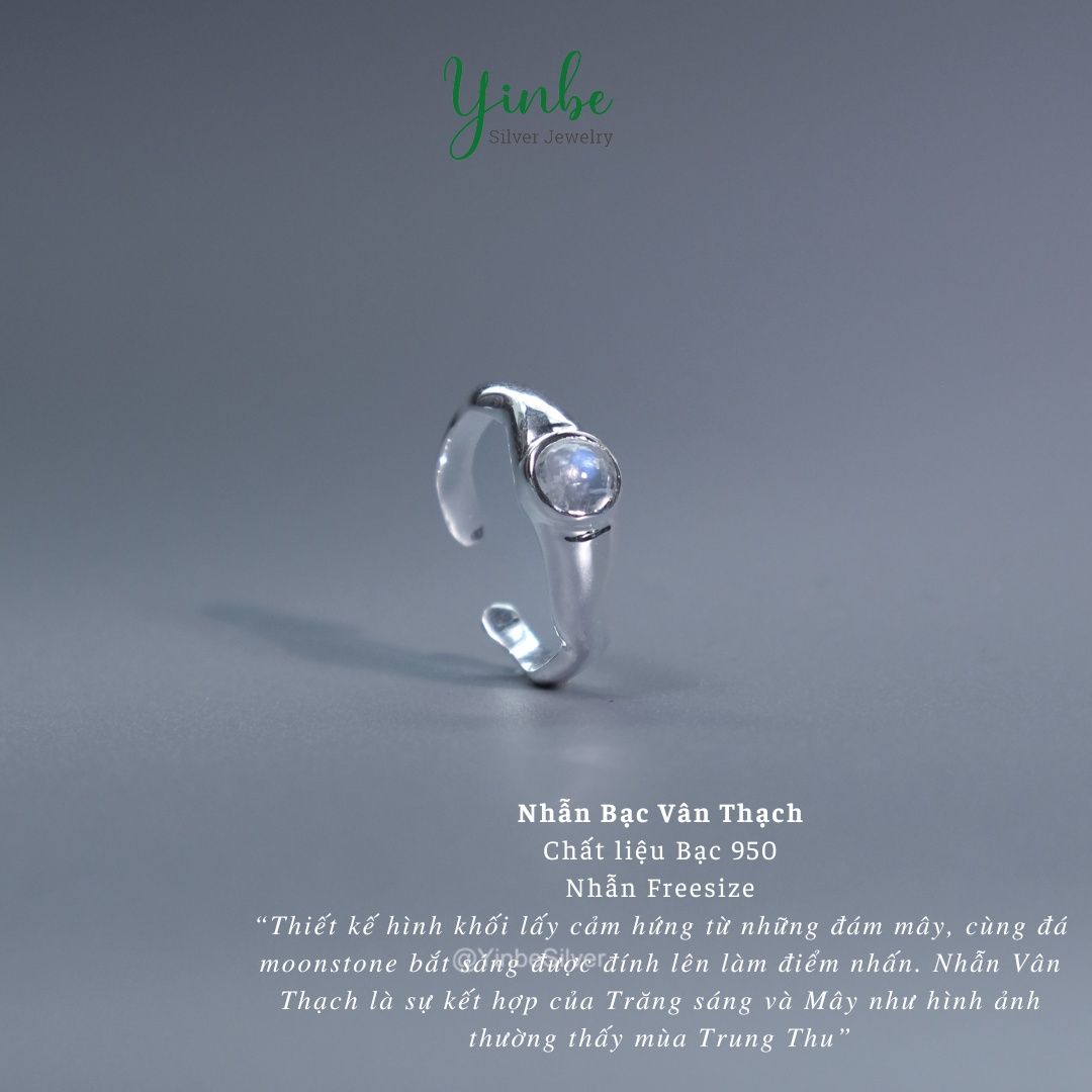  Nhẫn Nữ Bạc 950 Vân Thạch Yinbe Silver Mặt Đá Moonstone 