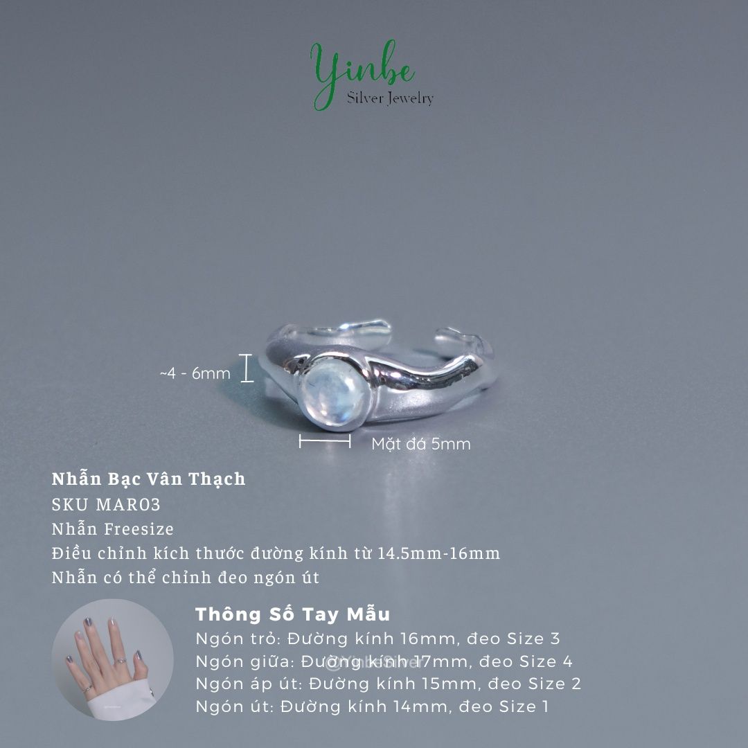  Nhẫn Nữ Bạc 950 Vân Thạch Yinbe Silver Mặt Đá Moonstone 