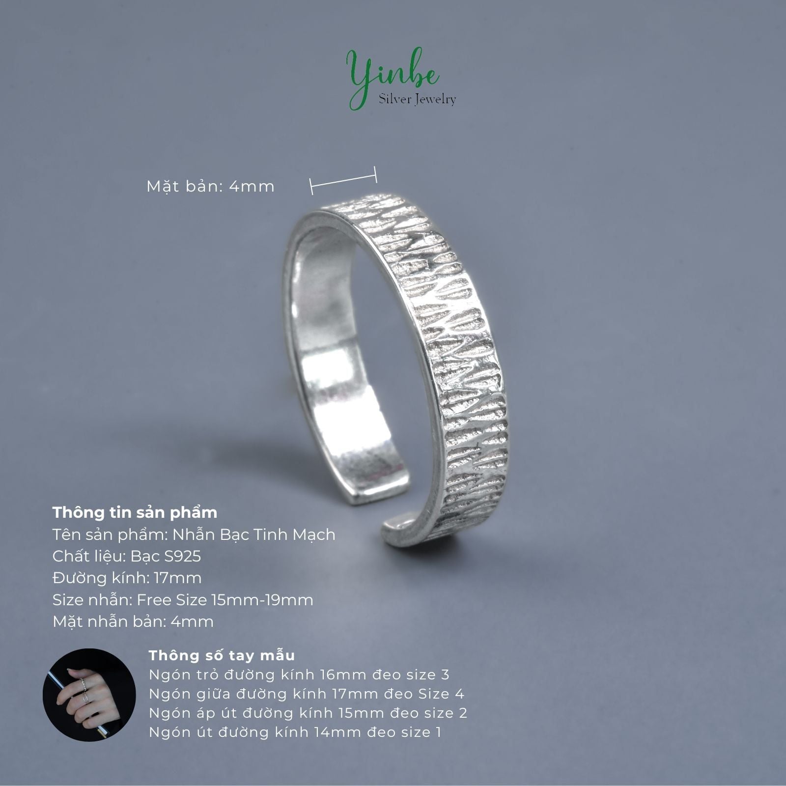  Nhẫn Bạc S925 Tinh Mạch Yinbe Silver 