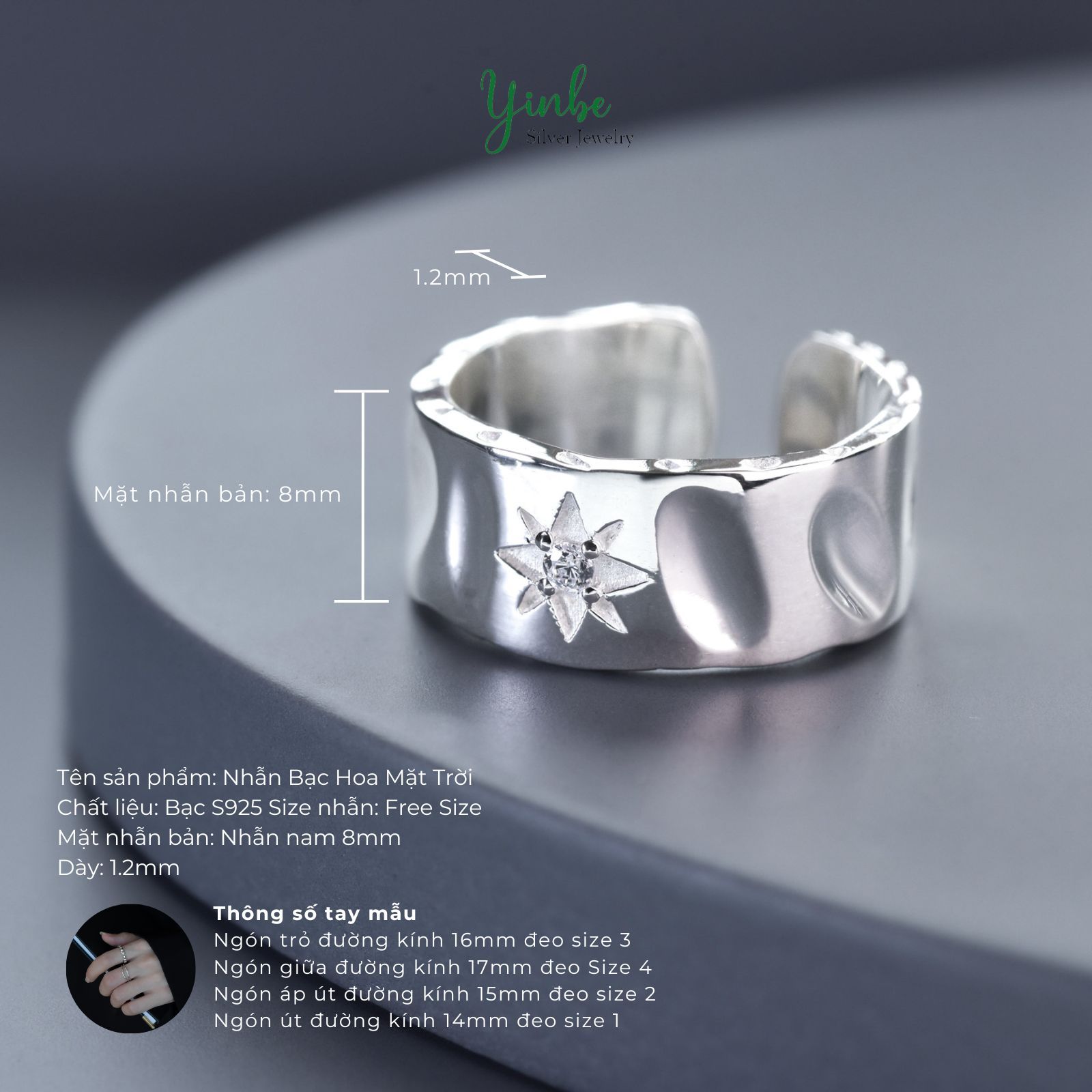  Nhẫn Bạc S925 Hoa Mặt Trời Bản To Yinbe Silver 