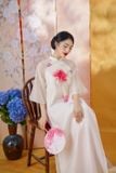  Áo dài đính hoa 3d mẫu đơn hồng quần hồng đậm MADDY HATE ROSE 