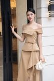  Váy nâu tay ngắn kèm dây thắt ngay lưng DENIO 