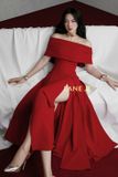  Váy đỏ bẹt vai khoét xẻ đùi LANE JT 
