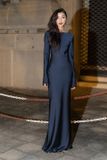  Đầm lụa xanh navy tay dài hở lưng KISSERINE 