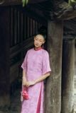  Áo dài tím tay lửng kèm quần hồng đậm DINGDANG 