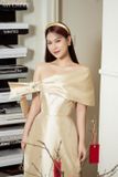  Áo dài vàng kem nơ lệch vai MACHERIE 
