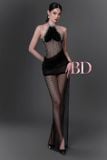  Váy dài cổ chéo đính đá tà lưới xuyên thấu BANDAGE DRESS 