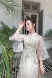  W - Áo dài trắng tay lỡ họa tiết vuông LINN DESIGN 