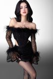  Váy đen bẹt vai khoét eo lấp lánh đính lông GLAMDOLL 