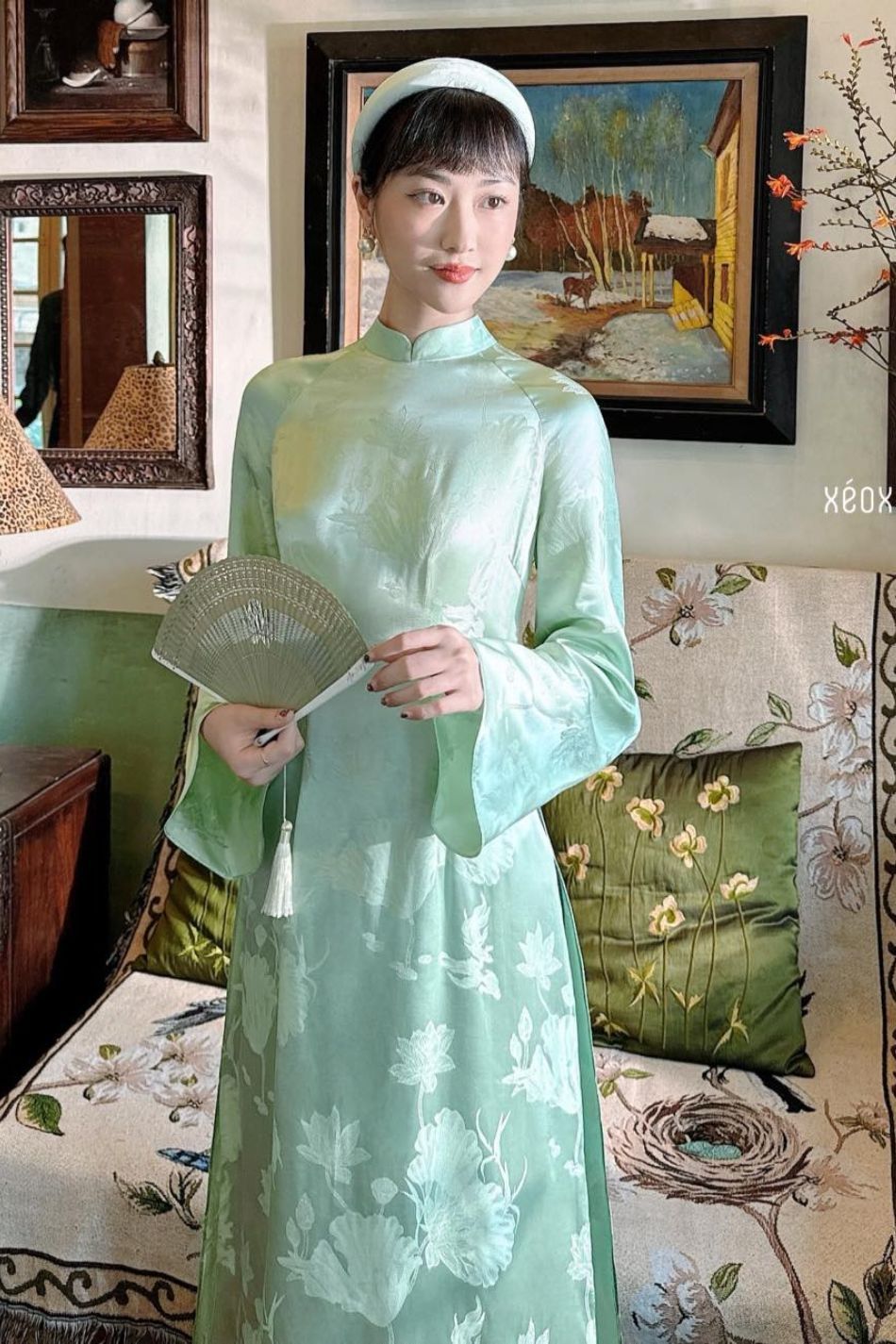  Áo dài Bích Chi quần xanh lá đậm XÉO XỌ 