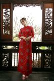  Áo dài đỏ tay lửng kèm quần đỏ DINGDANG 