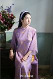  Áo dài tím tay lửng kèm quần vàng DINGDANG 