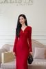 Váy đỏ tay dài cổ chữ V CASLITADEMINHTHANH đi tiệc đẹp