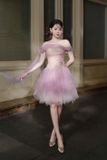  Váy hồng chéo vai đính nơ 1 bên LOVELYN 