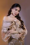  Váy nâu bóng bẹt vai tay dài LINH PHUNG 